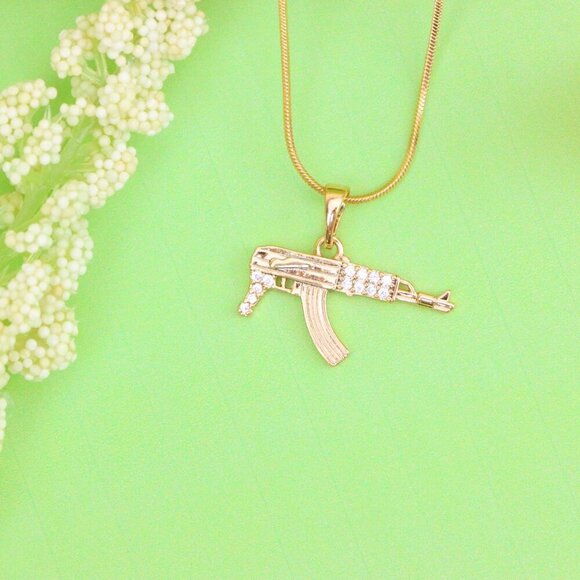 "AK-47 Shaped Rose Gold Pendant with Crystal Detailing, XPPT1556 - Picture 12 of 13